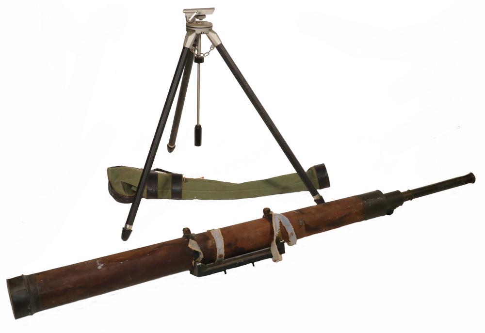 LARGE EARLY WOODEN TELESCOPE WITH MISMATCHED TRIPOD: 19th c. Brass and Wood Astronomical Telescope with 4" objective, 65" long, with one draw and one wheel geared tube, with mounting block clamped on by metal straps; PLUS a Metal Camera Tripod that does