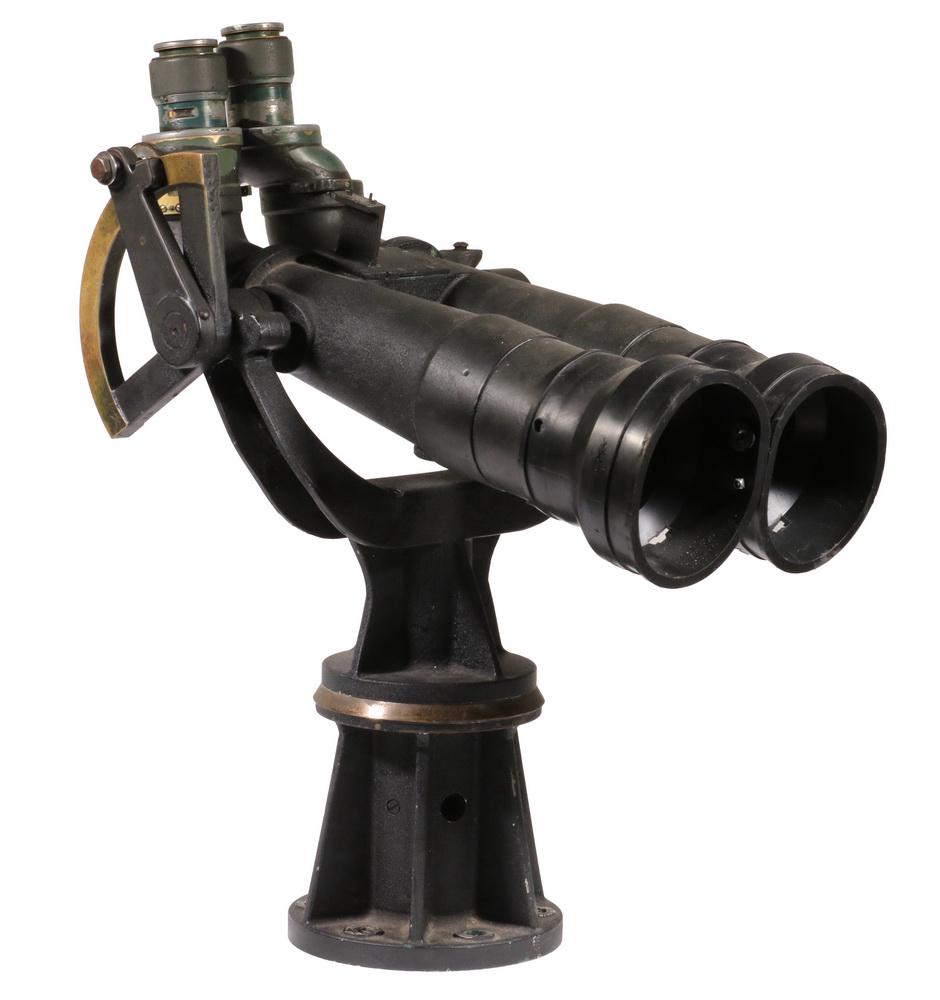 20Ã—120 JAPANESE WWII BIG EYE NAVAL BINOCULARS ON: Heavy Painted and Coated Steel Long Range Observation Naval Binoculars with right angle eyepieces, 3" objectives, rubber cowlings, brass elevation and transit rings, on a heavy duty pedestal with bolt