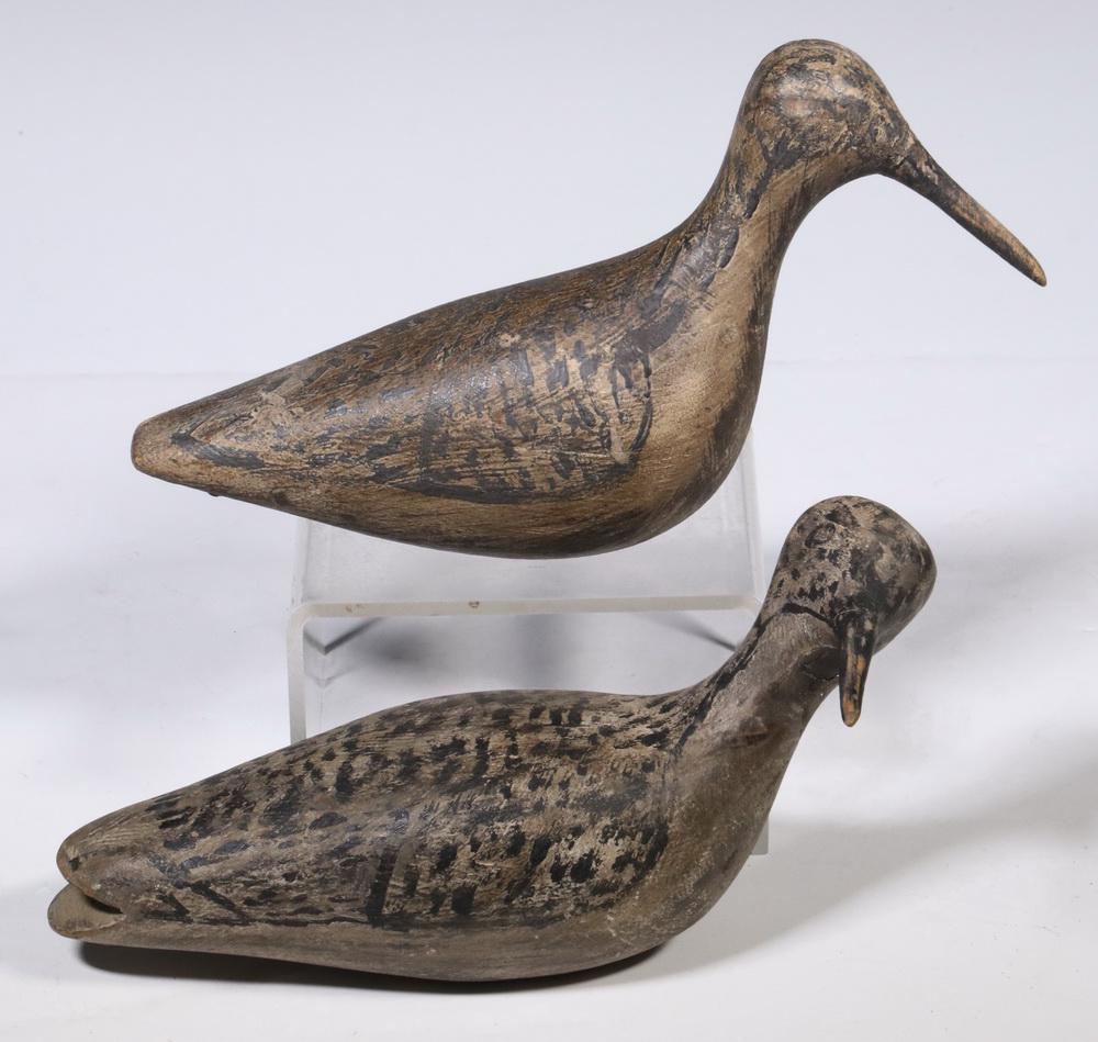 (2) SHORE BIRD DECOYS SIGNED RANDALL: Sandpipers, Carved and Painted Wood, by Randall, circa 1960, one with head turned, lacking dowel legs, roughly 5 1/2" x 9 1/2" x 3". Good condition. George L. Randal of Randall Decoy Company was locat