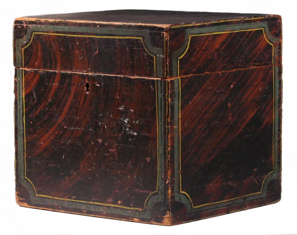 FOLK ART LIQUOR BOX STAMPED "C. POOK, JR.": Grain Painted Pine Box, New England, circa 1840, dovetail construction, with green and yellow pinstriping, hinged lid, lock removed, bottle partitions removed, 12 3/4" x 15" x 11 1/2". Wear, loss to e