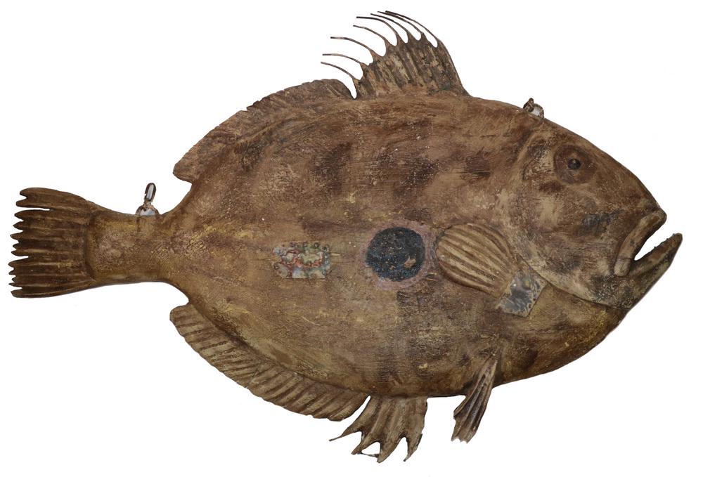 DOUBLE-SIDED FISH TRADE SIGN: 19th c. Exterior Shop Sign of a 'John Dory' fish , in carved and painted wood with wire ends to fins, original hangers, 30" x 43". Old repairs.