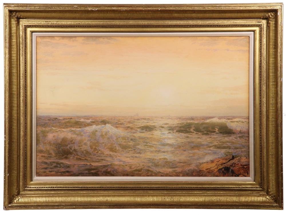WILLIAM TROST RICHARDS (PA/RI, 1833-1905): "Rolling Waves, Newport, RI", watercolor, signed lower left and dated 1901, Christies and Sotheby's stickers verso, in the original gilt ribbed matched corner cove frame with linen liner, glazed, OS: 