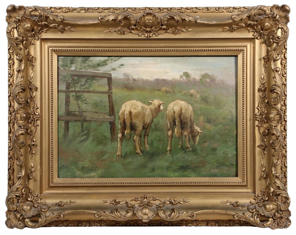 CARLETON WIGGINS (NY/CT/FRANCE, 1848-1932): Sheep in pasture, oil on mahogany panel, signed lower left, housed in the original gold painted Impressionist frame, OS: 17" x 21", SS: 9 1/4" x 13 1/2". Good condition.