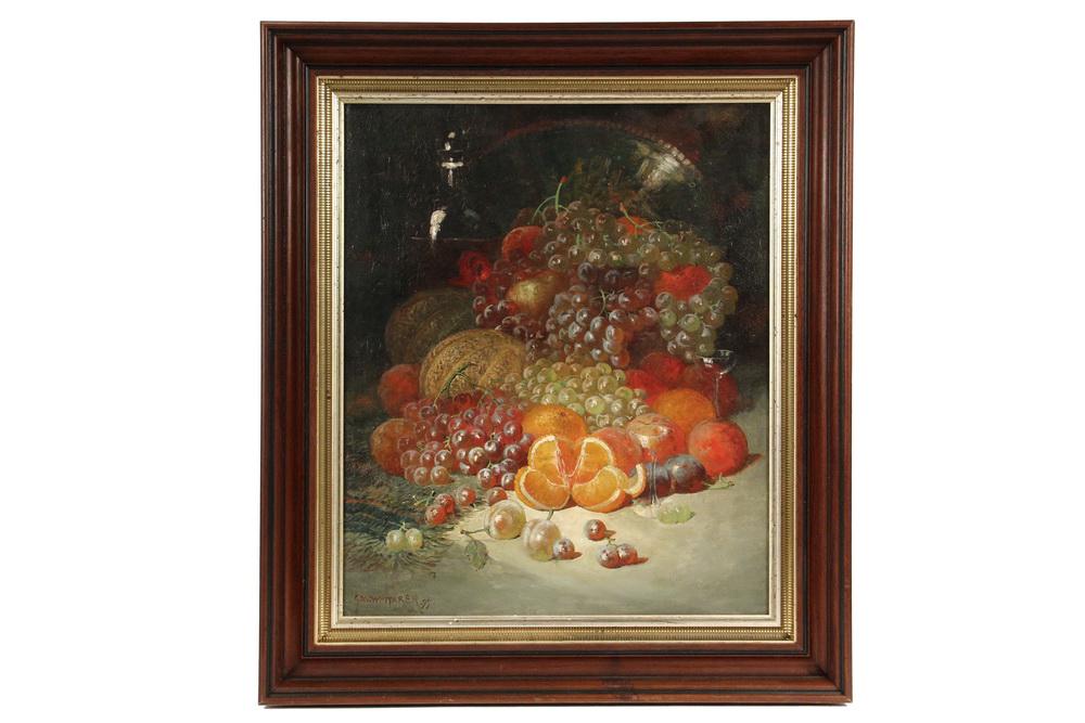 GEORGE WILLIAM WHITAKER (RI/NY, 1841-1916): Still Life with Fruit, Decanter, Stemware & Silver Charger, oil on canvas, signed lower left & dated 1899. Partial note verso from owner. In red walnut molded deep cove frame, with ebonized ranks, etc