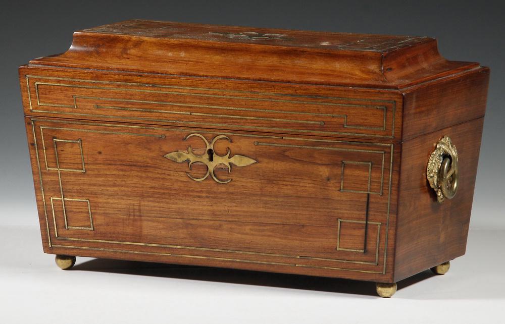BRASS INLAID ROSEWOOD TEA CADDY: 19th c. Rosewood Sarcophagus Form Tea Caddy, with brass inlay, two brass drop ring side handles, brass lock escutcheon and original key, velvet lined lid, interior with two removable lidded tea boxes 