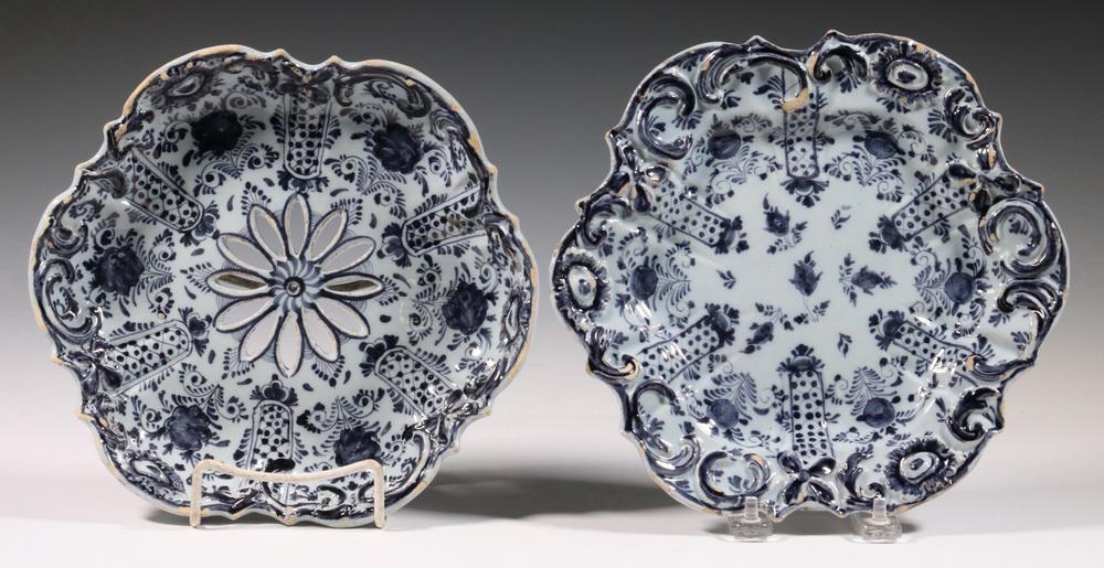 (2 PC) 18TH C. DELFT FRUIT BOWL & UNDERPLATE: (2) Piece Dutch Blue & White Delft Fruit Set, c. 1780, from the 't Fortuyn' workshop, including openwork footed bowl and underplate with scalloped rim and intricate floral decoration, base of underpla