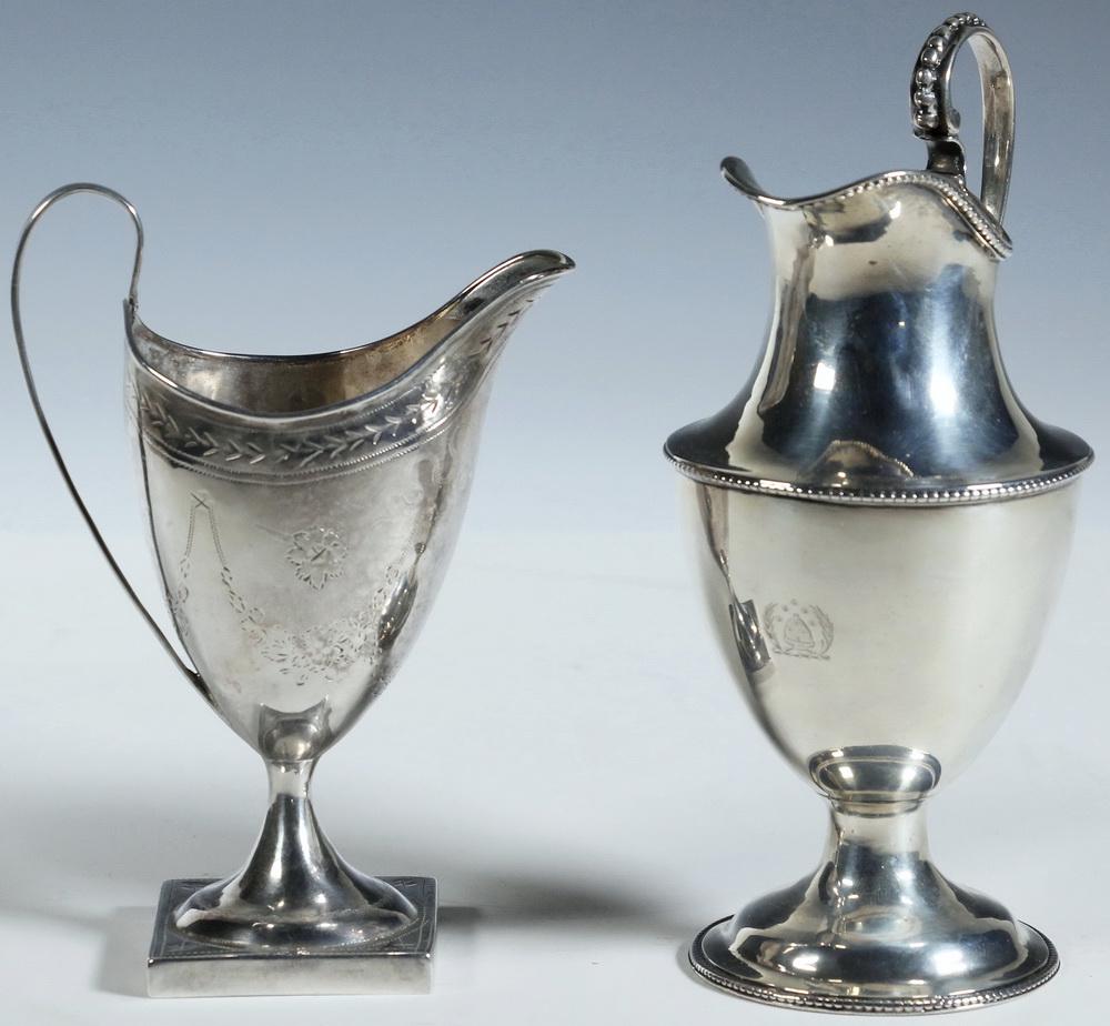 (2) GEORGIAN SILVER CREAMERS: (2) English George III Period Sterling Silver Cream Jugs, including: Footed Neoclassical style jug hallmarked for London, 1776, maker's mark 'C?' (probably Charles Hougham), with round foot, high loop