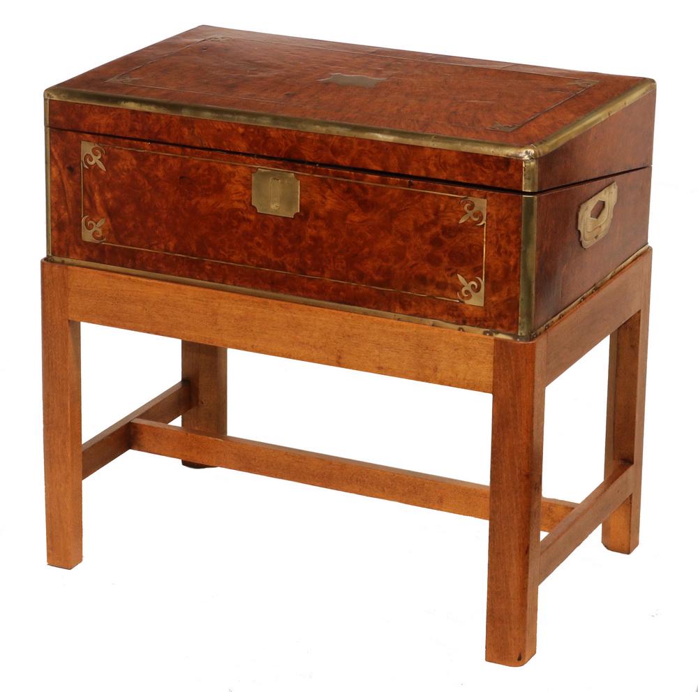 LAP DESK ON STAND: English Victorian Brass Bound Burl Walnut Lap Desk, on a 20th c. custom mahogany stand, desk with inlaid brass lid cartouche and decorative stringing, flush mount brass side handles, interior with fel