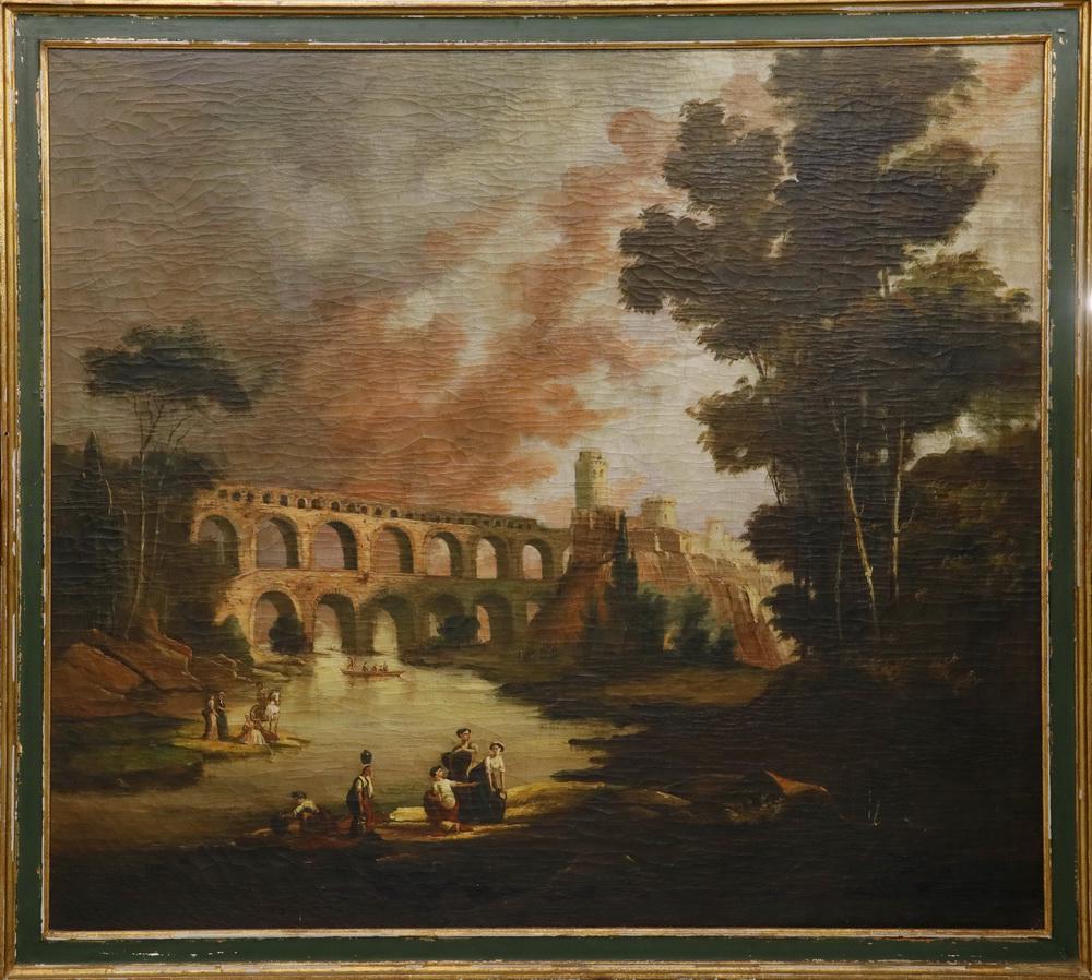 AFTER HUBERT ROBERT (FRANCE, 1733-1808): Pont du Gard, near Nimes France, monumental oil on canvas, unsigned, the original painted in 1787, in gold molded frame with green painted panel, SS: 58 1/2" x 66 1/4", OS: 63 3/4" x 72 1/2". Cleaned
