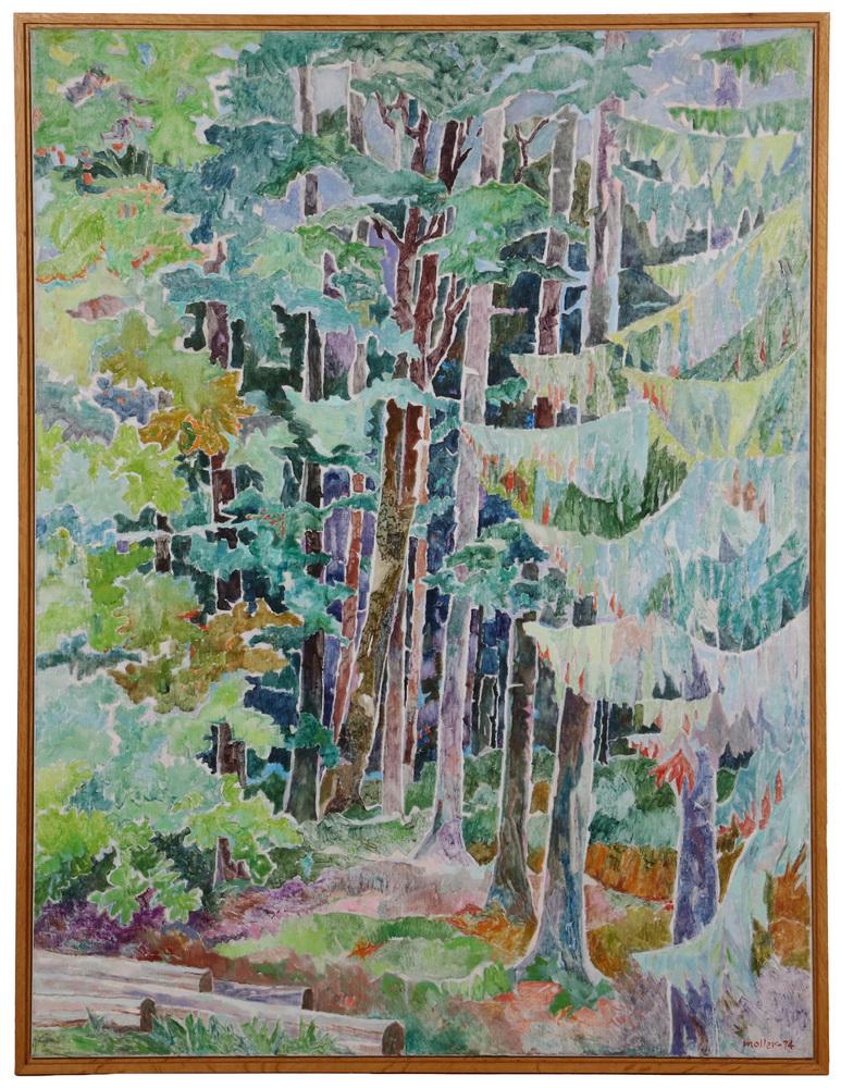 HANS MOLLER (PA/NY/NJ, 1905-2000): "Forest Interior #686", oil on canvas, signed lower right and dated '74, titled on label from Midtown Galleries of 11 East 57th Street, NYC, plus a label from Hobe Sound Gallery North of Portland, ME