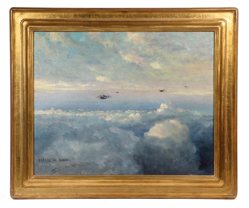 ERIC SLOANE (NY/CT, 1905-1985): "Patrol at Dawn, 15,000 feet", oil on canvasboard, signed and titled lower left, depicting a flight of five Marine fighters over the South Pacific, housed in a gold molded frame, OS: 20 1/2" x 24 1/2"