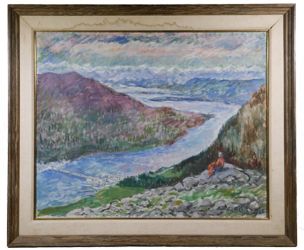 WALDO PEIRCE (NY/MA/ME, 1884-1970): River Scene with Distant Mountains and Figure Gazing Out, oil on canvas, signed lower right and dated 1963. Inscribed by the artist verso "For a fine humanitarian Ernest Gruening and Dorothy, Best reg