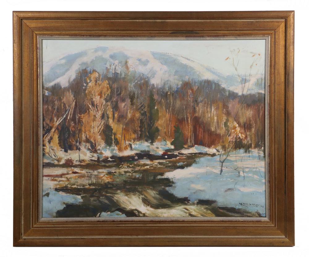 JAY HALL CONNAWAY (ME/AZ/IN, 1893-1970): "Camden Hills" oil on board, signed lower right, in gold molded frame with cream liner, OS: 19 1/2" x 23 1/2", SS: 14 3/4" x 18 3/4". Good condition.