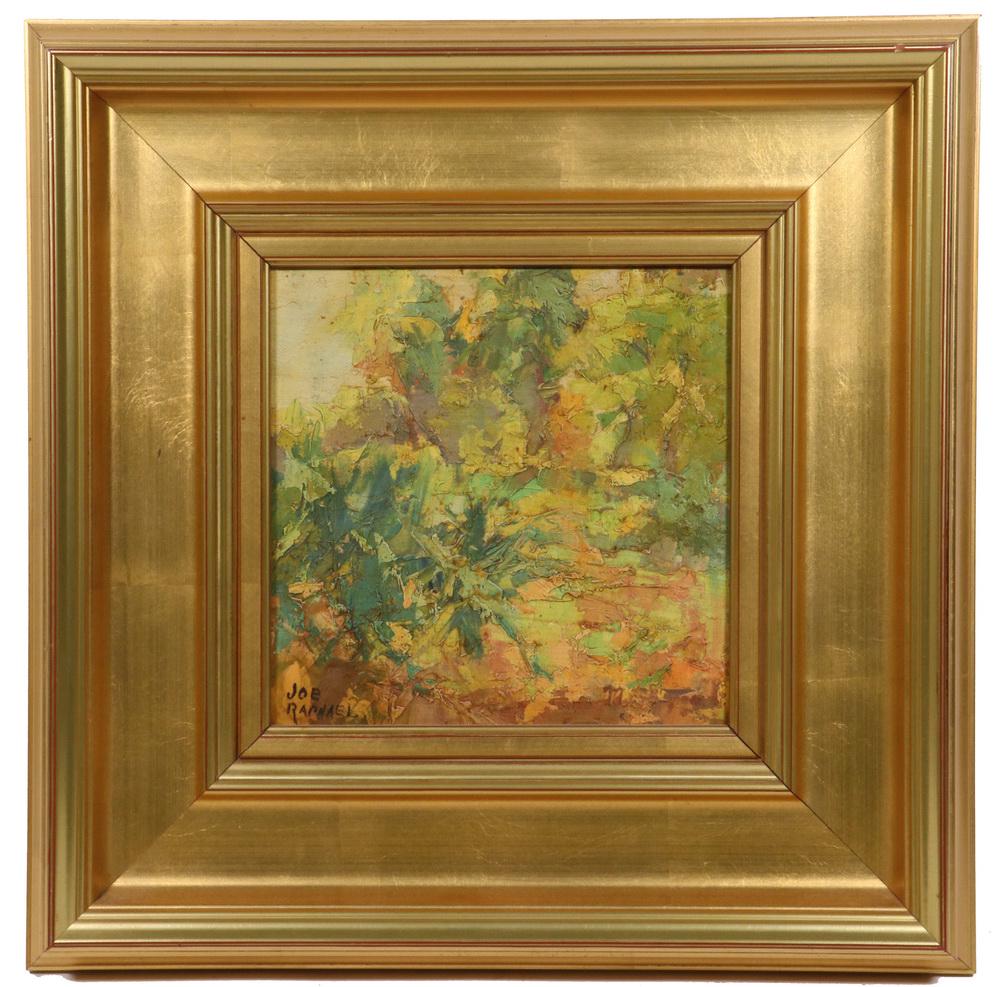 JOSEPH MORRIS (JOE) RAPHAEL (CA/NETHERLANDS, 1869-1950): Study of Foliage, impasto oil on hardboard, signed lower left, in gold molded panel frame, OS: 16 3/4" x 16 3/4", SS: 8" x 8". Good condition.