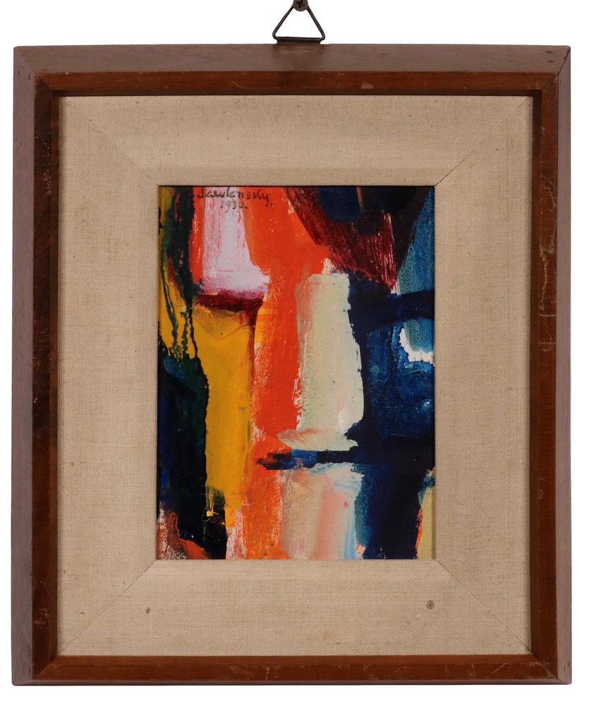 ALEXEI VON JAWLENSKY (RUSSIA/GERMANY, 1864-1941): Untitled Abstract, oil on hardboard, signed upper left and dated 1930, in a 1970s mitered mahogany frame with linen liner, OS: 13" x 10 3/4", SS: 7 1/2" x 5 1/4". Good condition.