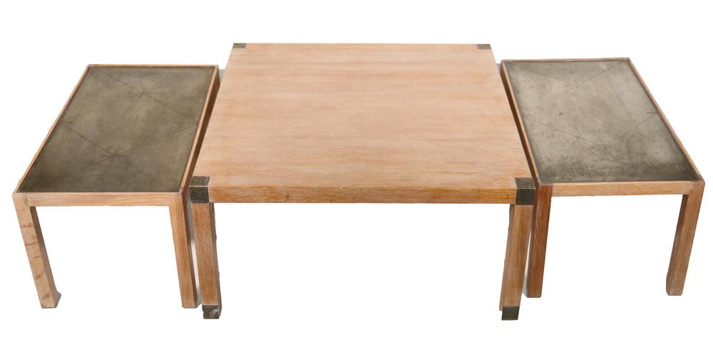 (3 PC) CHARAK MODERN FURNITURE SUITE: Three-Piece Pickled Oak and Stainless Steel Furniture Set by Charak Furniture Co. (Boston, MA), including square coffee table marked 'Modern Charak' and a pair of rectangular end tables, coffee table: