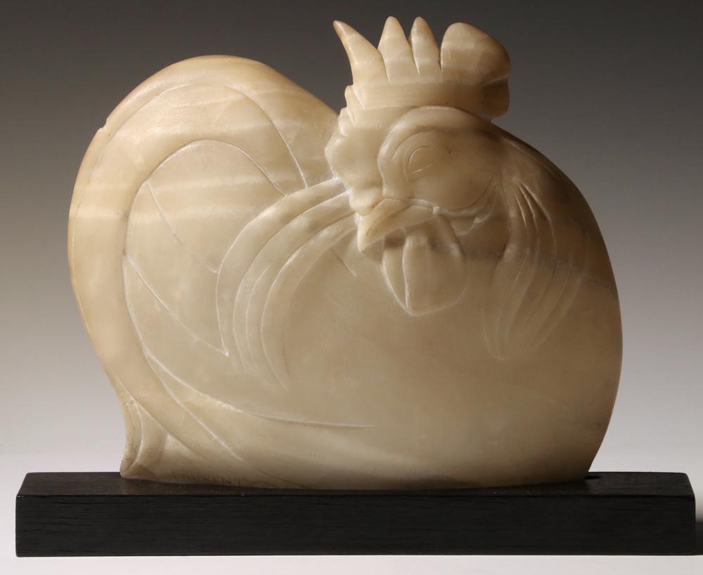 ROBERT LAURENT (ME/NY, 1890-1970): Carved Alabaster Rooster, on black wood mount, signed on lower edge, 10 1/4" x 12 1/2" x 2 1/2" overall. Minor loss at base. Provenance: From a Northeast Harbor estate.