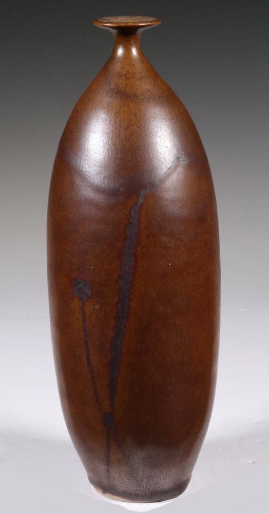 THOMAS BEZANSON (CANADA/VT, 1929-2007) VASE: Art Pottery Bottle Form Vase by Brother Thomas, with Tenmoku glaze, ovoid shape with narrow neck and flared rim, incised on base 'Benedictine Monks, Weston, VT' and with Bezanson's cipher, also marked