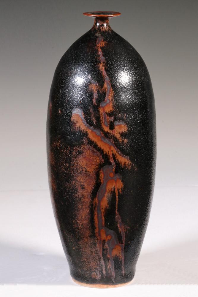 THOMAS BEZANSON (CANADA/VT, 1929-2007) VASE: Art Pottery Ovoid Form Vase by Brother Thomas, with Honan Tenmoku glaze, narrow mouth and flared rim, incised on base 'Benedictine Monks, Weston, VT' and with Bezanson's cipher mark, 8 3/4" high. Good