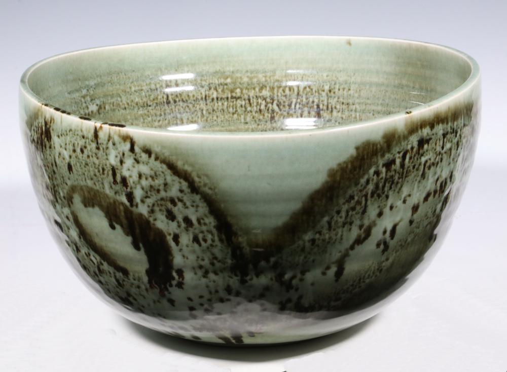 THOMAS BEZANSON (CANADA/VT, 1929-2007) BOWL: Large Art Pottery Bowl by Brother Thomas Bezanson, with mottled celadon glaze, ovoid body and shallow foot, slightly off-round shape, incised 'Benedictine Monks, Weston, VT' and with Bezanson's mark o