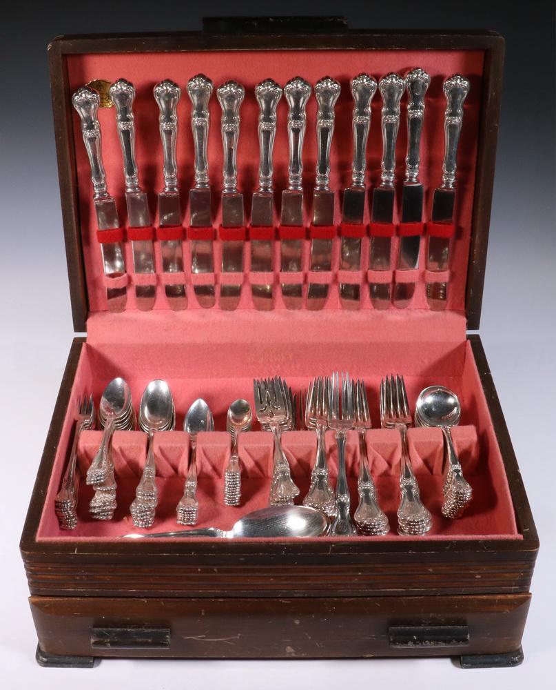 (179 PCS) GORHAM BUCKINGHAM STERLING FLATWARE: Cased (179) Piece Set of Gorham Buckingham Pattern Sterling Flatware, service for twelve, ALR monogram, including: (12) Dinner knives; (12) Luncheon knives; (14) Solid spreader knives; (12) Dinner for