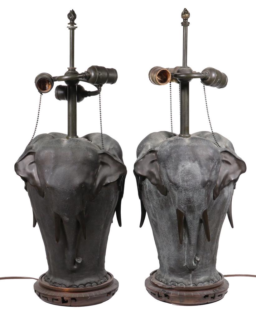 PR BRONZE ELEPHANT TABLE LAMPS: Pair of Vintage Sculptural Patinated Bronze Triple Elephant Form Table Lamps, 1920-30s attributed to Chapman, base perimeter depicting three shoulder to shoulder outward facing elephants, mounted on c