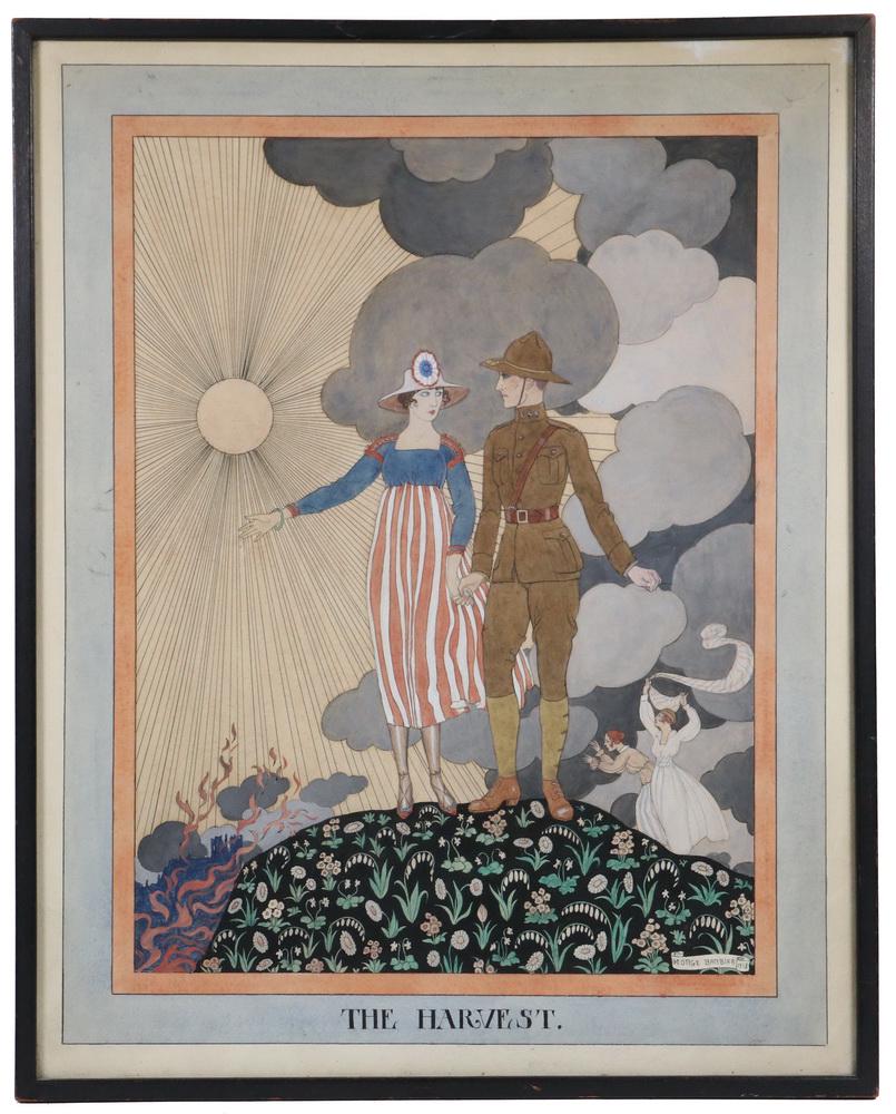 GEORGES BARBIER (FRANCE, 1882-1932): Original WWI Illustration Cover Art for "The Harvest", watercolor and ink, signed and dated 1918 lower right, celebrating the end of the war with a depiction of an American Doughboy soldier with a wom