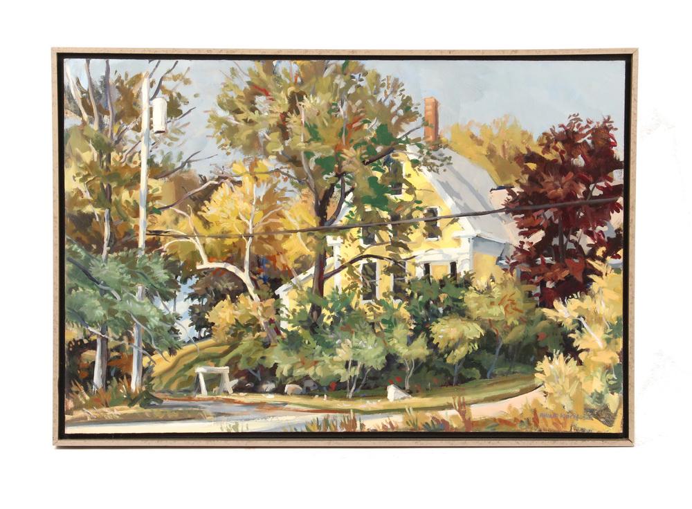 PHILIP KOCH (MD/MA, 1948 - ): "The Hill House, W. Southport, Maine", oil on hardboard, signed lower right, titled, signed and dated 1990 verso, in grey painted wood slat frame with black shadowline, OS: 21 1/4" x 31 1/4", SS: 20"