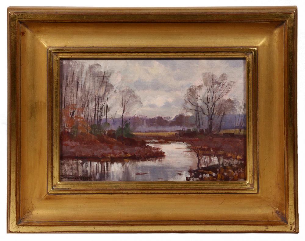 BERNARD COREY (MA, 1914-2000): "Autumnal Reflections", oil on board, signed lower left, titled on Wiscasset Bay Gallery label verso, with an original price of $950, housed in a gold cove frame, OS: 11" x 14", SS: 6" x 9". Good cond