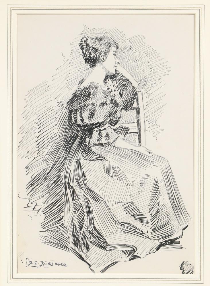 FREDERICK CARL FRIESEKE (NY/MI/FRANCE, 1874-1939): Elegant Woman Seated, India ink over graphite on paper, with his estate stamped faux signature lower left, label verso from Taggart, Jorgensen & Putnam of Washington, DC giving title, in gold molded f