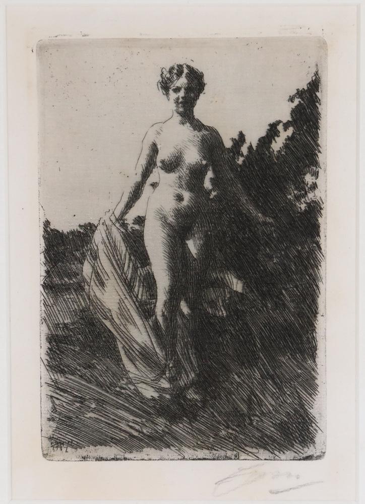 ANDERS LEONARD ZORN (IL/SWEDEN, 1860-1920): "Summer", etching with drypoint, signed in plate and dated 1907, pencil signed lower right, (Asplund 211), in black stick frame, matted under plexiglas, OS: 14" x 11 1/2", impression: 7" x 4 3/4". Goo