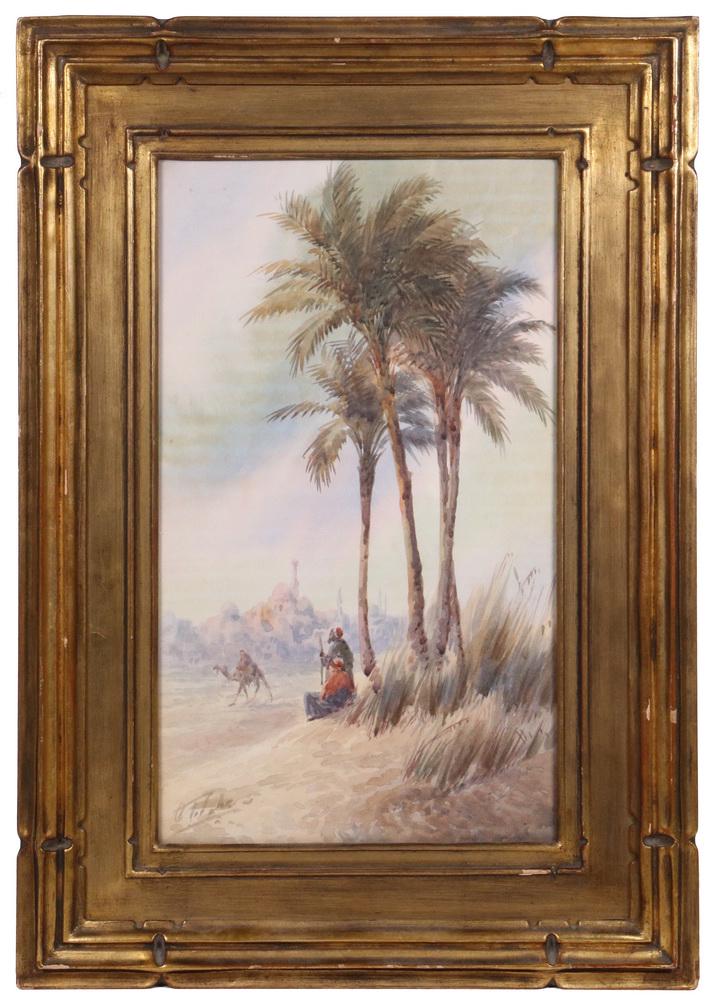 OTTO TILCHE (19TH C. GERMANY): Orientalist Scene of Arabs under palms, a camel rider passing the Old Cairo skyline, watercolor on paper, signed lower left, in vintage gilt Arts & Crafts frame, glazed, OS: 16 1/4" x 11 1/2", SS: 11