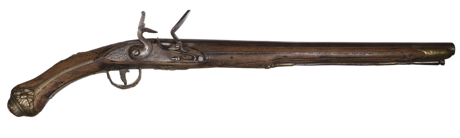 18TH C. COACH OR SADDLE PISTOL: JS&C with crown hallmark, bronze mountings, maker John Stewart and (Duncan) Campbell, London, circa 1810, lock marked "JS&C" with Crown, barrel flat engraved "London", .70 cal smoothbore, steel ramrod