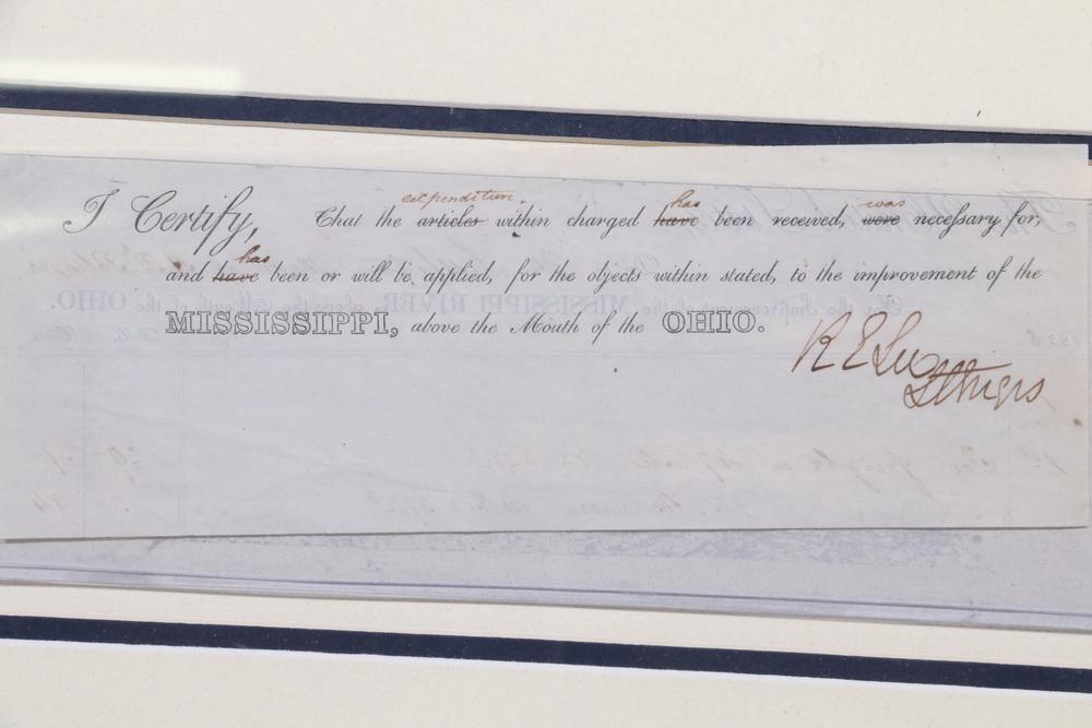 SIGNATURE GENERAL ROBERT E. LEE FRAMED WITH PORTRAIT: Clipped Document ROBERT E. LEE (1807-1870), later Commander of the Confederate Army, signed as Lt of US Army Corps of Engineers, for the Expedition to the Improvement of the Mississippi above the Ohio