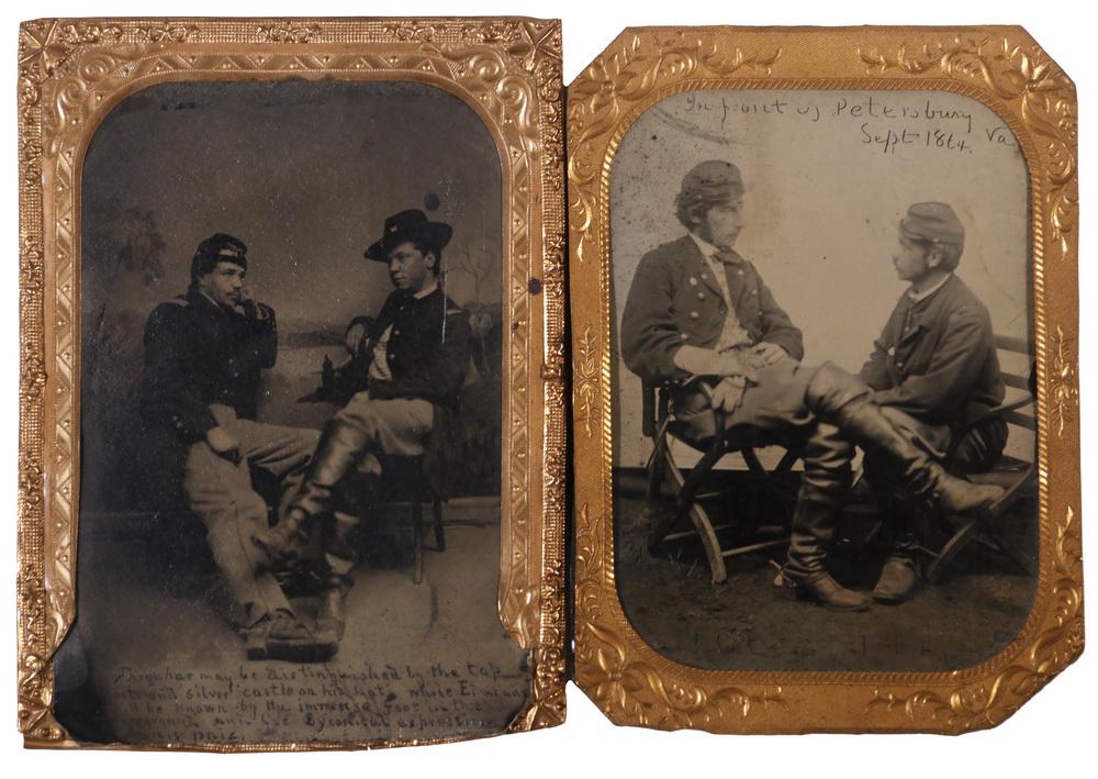 (2) TINTYPES OF LT. COL. THOMAS FRANKLIN EDMANDS, CO K,: Both of Two Men, the first inscribed "In front of Petersburg, Va. Sept 1864" & "JCE" TFE" at bottom; the second inscribed "Farquhar may be distinguished by the top boots and silver castle on his hat. 