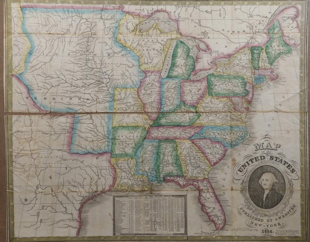 1836 MAP OF THE UNITED STATES BY WEBSTER THAT BELONGED: "Map of the United States, Published by J(ames) Webster, New York, 1836, hand colored engraving on thin stock, folded as issued, in poster frame under plexi, 16" x 20" sheet size. Separating at folds.