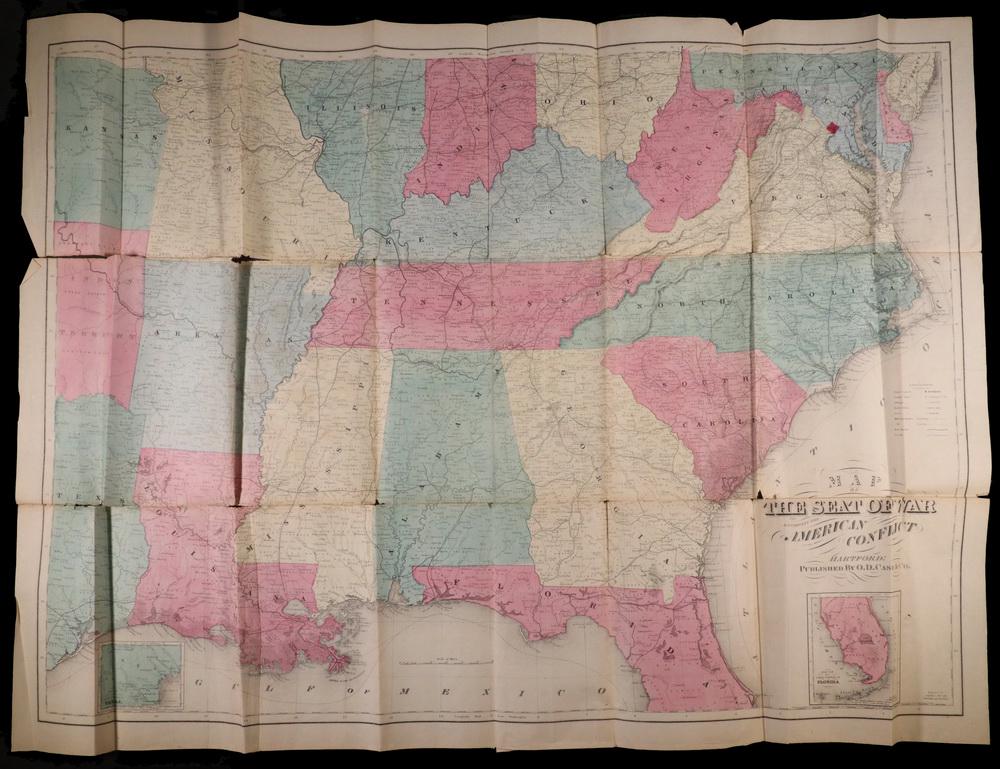 1864 CIVIL WAR MAP THAT BELONGED TO LT. COL. THOMAS: "Map of the Seat of the War, to accompany The American Conflict", Hartford, published by O.D. Case & Co. Engraved by Oliver J. Stuart, New York & Brooklyn, 1864. Hand colored. Loose. 28" x 38", 3 x 8