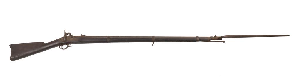 SPRINGFIELD MODEL 1863 MUSKET WITH BAYONET: The Springfield Model 1863 type 1, a .58 caliber rifled percussion musket manufactured by the Springfield Massachusetts Armory between 1863 and 1864. Complete and all original, but poorly kept, corrod
