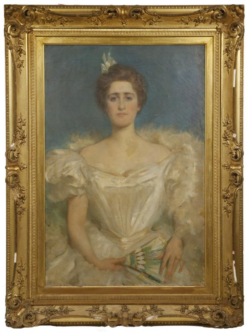 PORTRAIT OF THE WIFE OF DENVER, COLORADO FOUNDING: Waist Length Portrait of Eliza Jane Tritch (1833-1910), wife of George Tritch (1829-1889), the lovely red haired and blue eyed lady represented in a white silk feathered ball gown, a folding fan in he