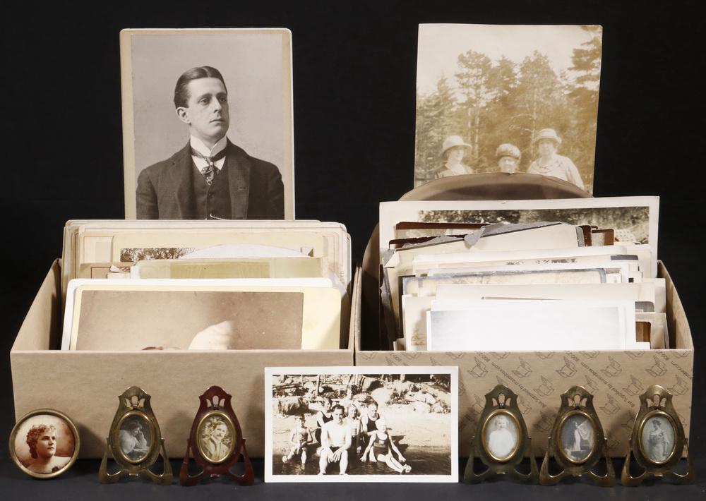 COLLECTION OF PHOTOS, PROPERTY OF DR. B.W. ROGERS,: 1890-1930, approx (175) loose albumen & silver gelatin; (40) CDV, Cabinet, Stereoview, Tintypes (loose); PLUS (6) Tiny Desktop Framed Albumen.