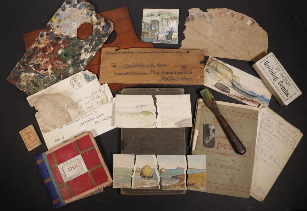 A SMALL GROUP OF STUDIO TOOLS, ETC. THAT BELONGED TO: Palettes, a palette knife, graining tools, a book on painting tapestry, a small folio of sketches, a palette layout done by Bonnat when Mansfield entered his Atelier.