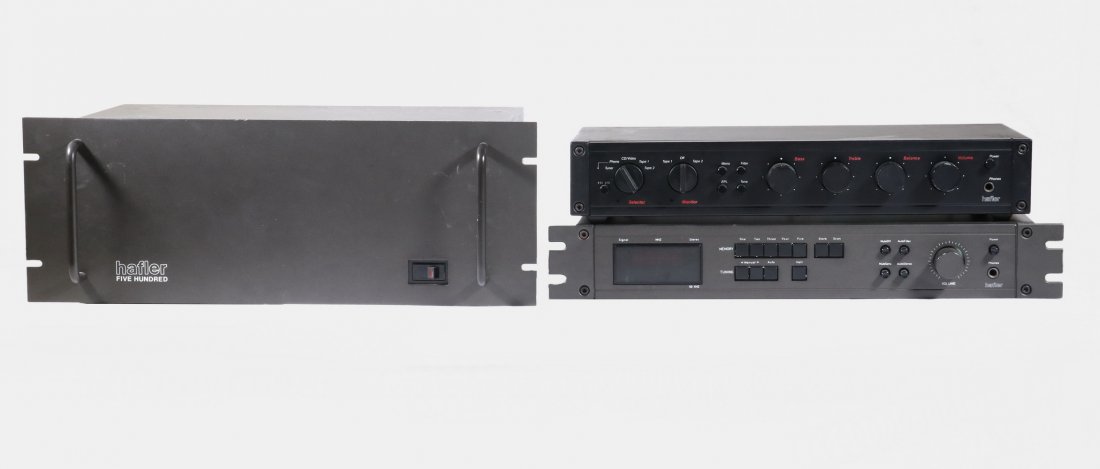 (3) DAVID HAFLER STEREO COMPONENTS: Group of (3) Vintage Stereo Components by David Hafler, 1980s, rack mount, with original manuals, incl: Model DH 500 stereo power amplifier, sn 7409019, 7" high, 19" x 12"; Model 110 stereo preamplifi