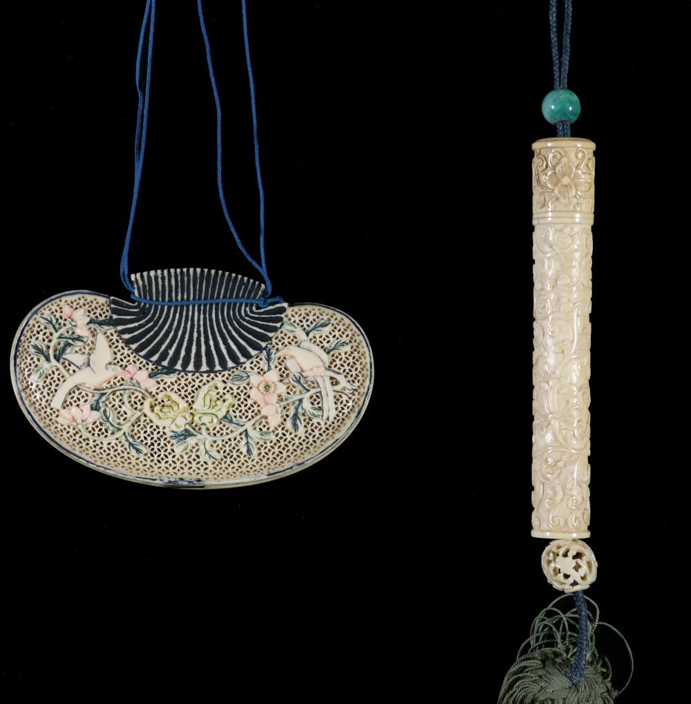 (2) CHINESE CARVED PERSONAL ACCESSORIES: Lot of (2) 19th c. Finely Carved Items, with silk cords and tassels, incl: Hinged pomander, each panel with colored floral and bird decoration on an intricate fretwork background, 2" x 3 1/4", shrinka