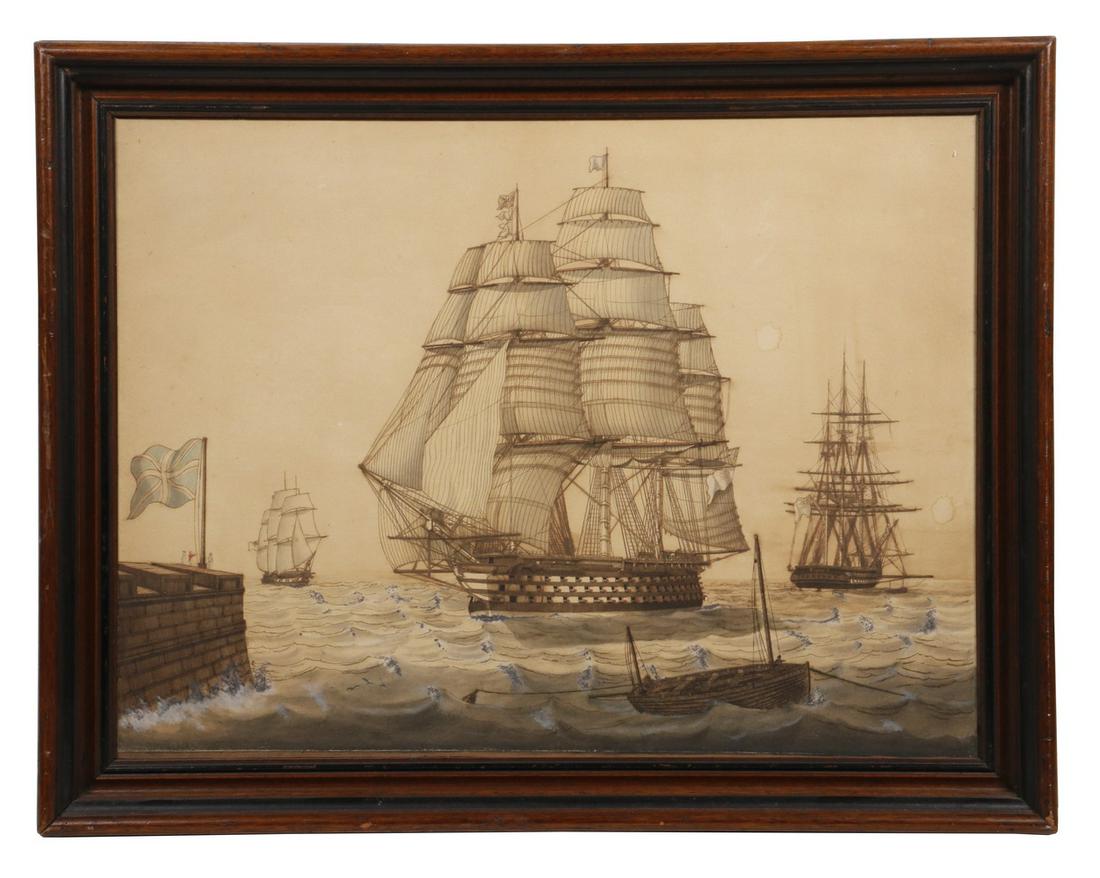 ORIGINAL DRAWING OF AN EARLY 19TH C. ROYAL NAVY SHIP: "British Man-o-War, circa 1820", pen and ink with watercolor, unsigned, label verso from Charles Sessler, Bookseller, Philadelphia, giving info, in a red walnut molded frame, under glass, OS: 17" x 21