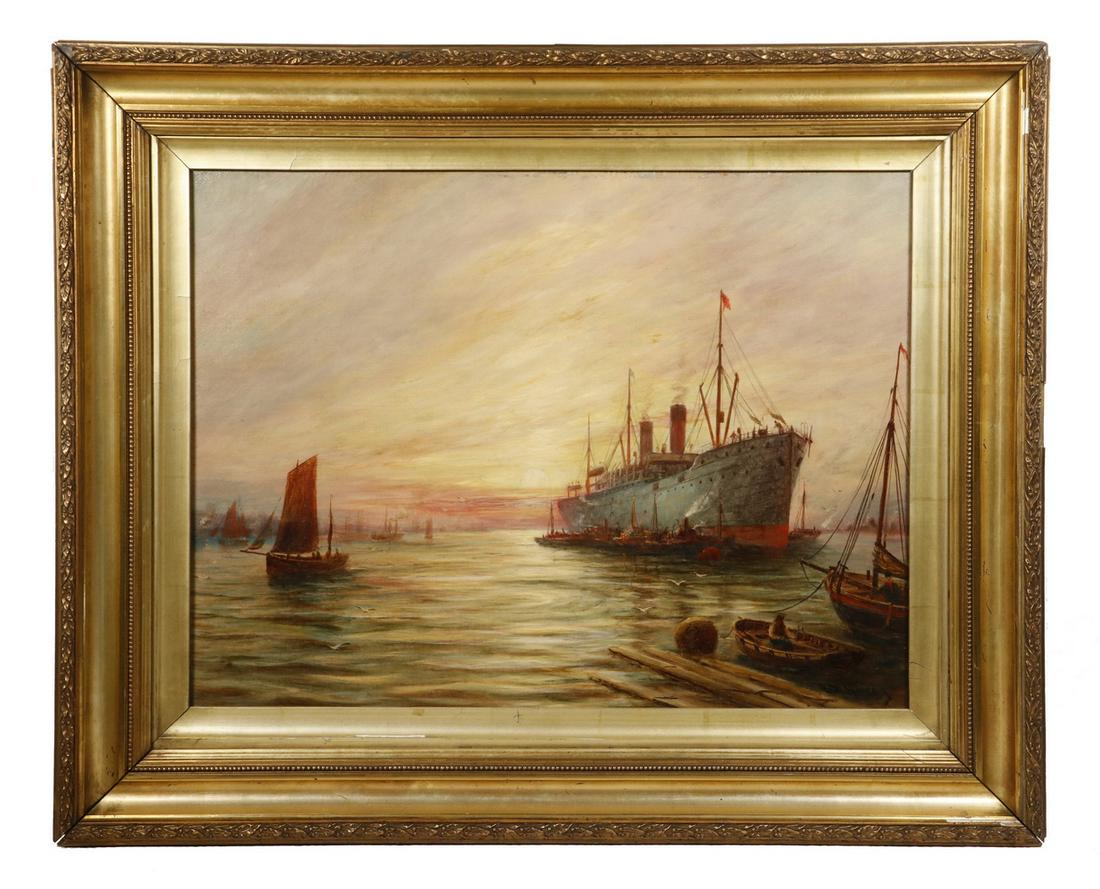 BERNARD BENEDICT HEMY (UK/AUSTRALIA, 1845-1913): Freighter Guided by Tugs on the Thames, oil on canvas, signed lower right, G. Rowney & Co, London stencil verso, in gilt molded cove frame, OS: 26" x 32", SS: 17 1/2" x 27 1/2". Single repaired punctu