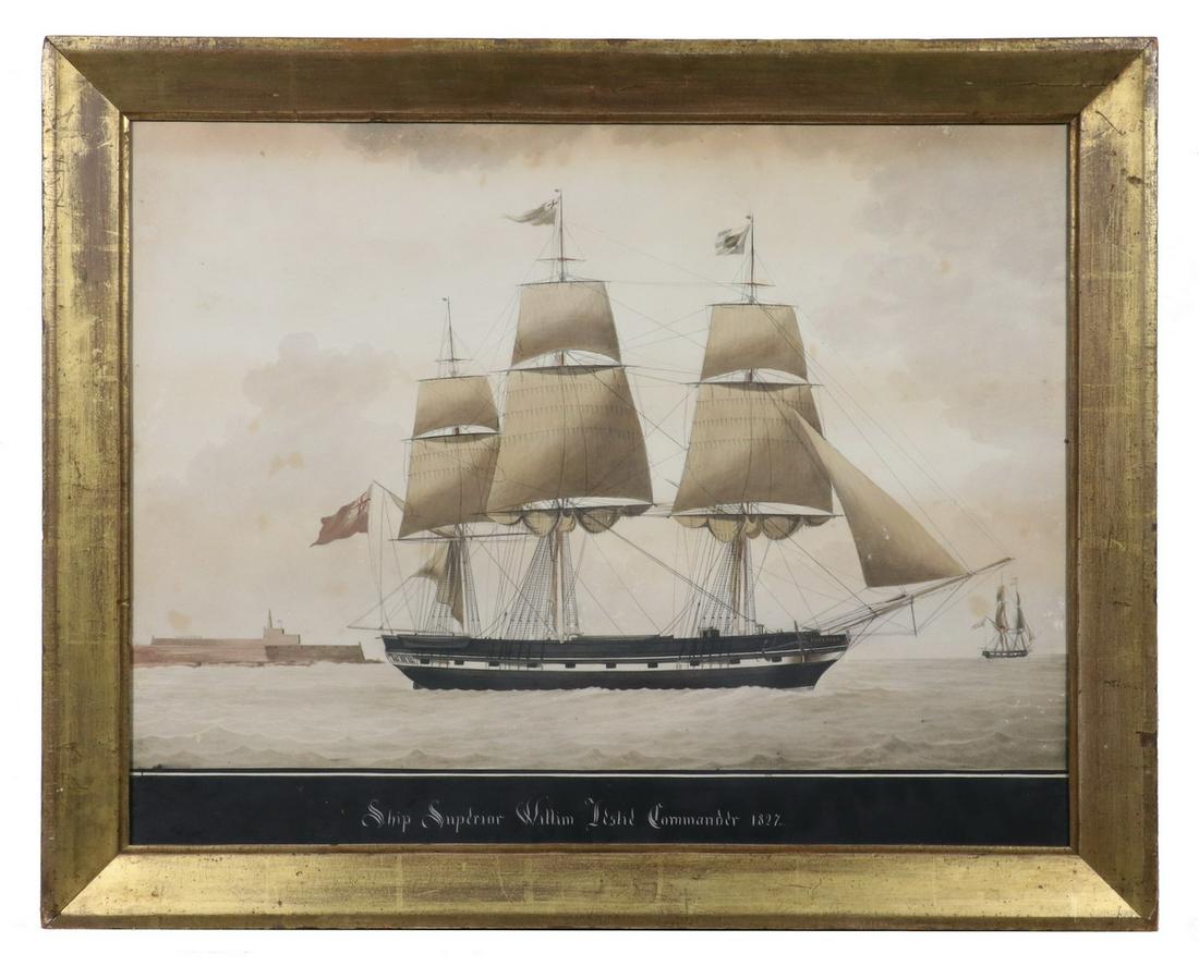 EARLY BRITISH SHIP'S PORTRAIT: "Ship Superior William Leslie Commander 1827", watercolor on Whatman paper (watermark lower right), titled at bottom in black field, housed in lemon gold mitered frame, under old glass, OS: 21 1/2" x 