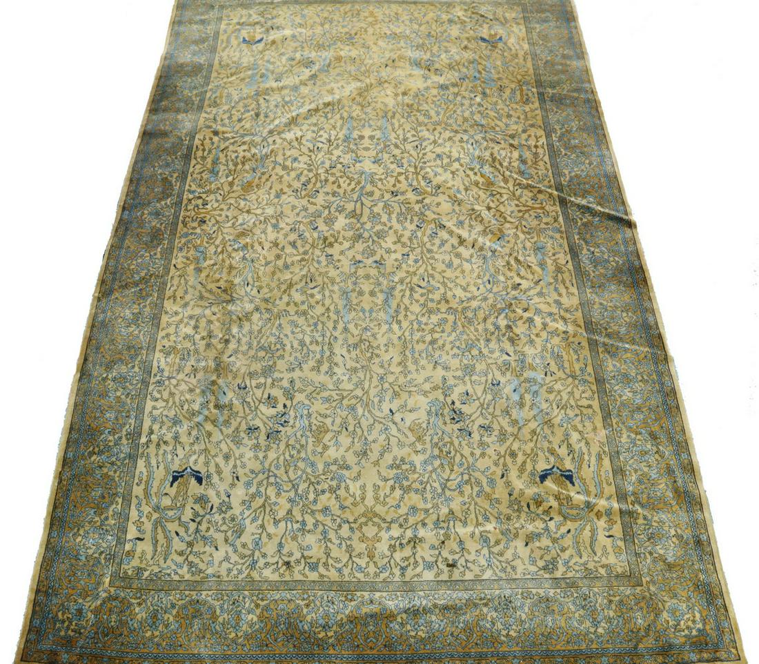 GARDEN TABRIZ CARPET - 13'-2" x 22'-8": Palace Size Garden Tabriz Carpet, Northwest Persia, with cherry blossoms, birds and qilin in mustard yellow, Persian and sky blue on a cream field. Good condition.