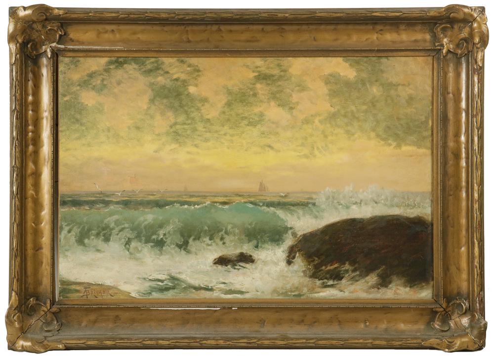 ALFRED THOMPSON BRICHER (NY/NH, 1837-1908): Sunrise Coasters, oil on canvas, signed lower left, circa 1890, in matched corner gold gesso deep cove frame, OS: 21 1/2" x 30", SS: 15 1/2" x 24". Some lifting and flaking, portion of frame liner gon