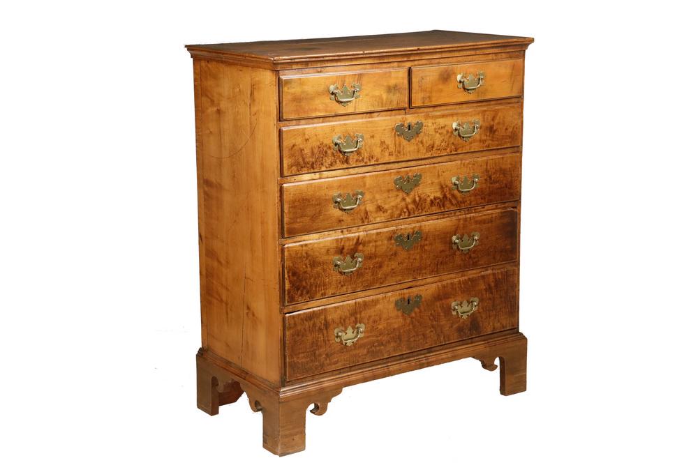 18TH C. MAPLE SIX DRAWER CHIPPENDALE CHEST: New England Country Maple Chest having an exposed dovetail case with applied cove cornice, two over four graduated and beaded edge drawers having figured fronts and replaced butterfly brasses, raised 