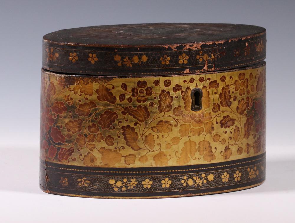 CHINESE EXPORT TEA CADDY: Early 19th c. Chinese Export Oval Lacquered Papier Mache Tea Caddy, interior fitted with two removable double lidded pewter tea compartments, exterior with floral decoration on black and gilt backgrou